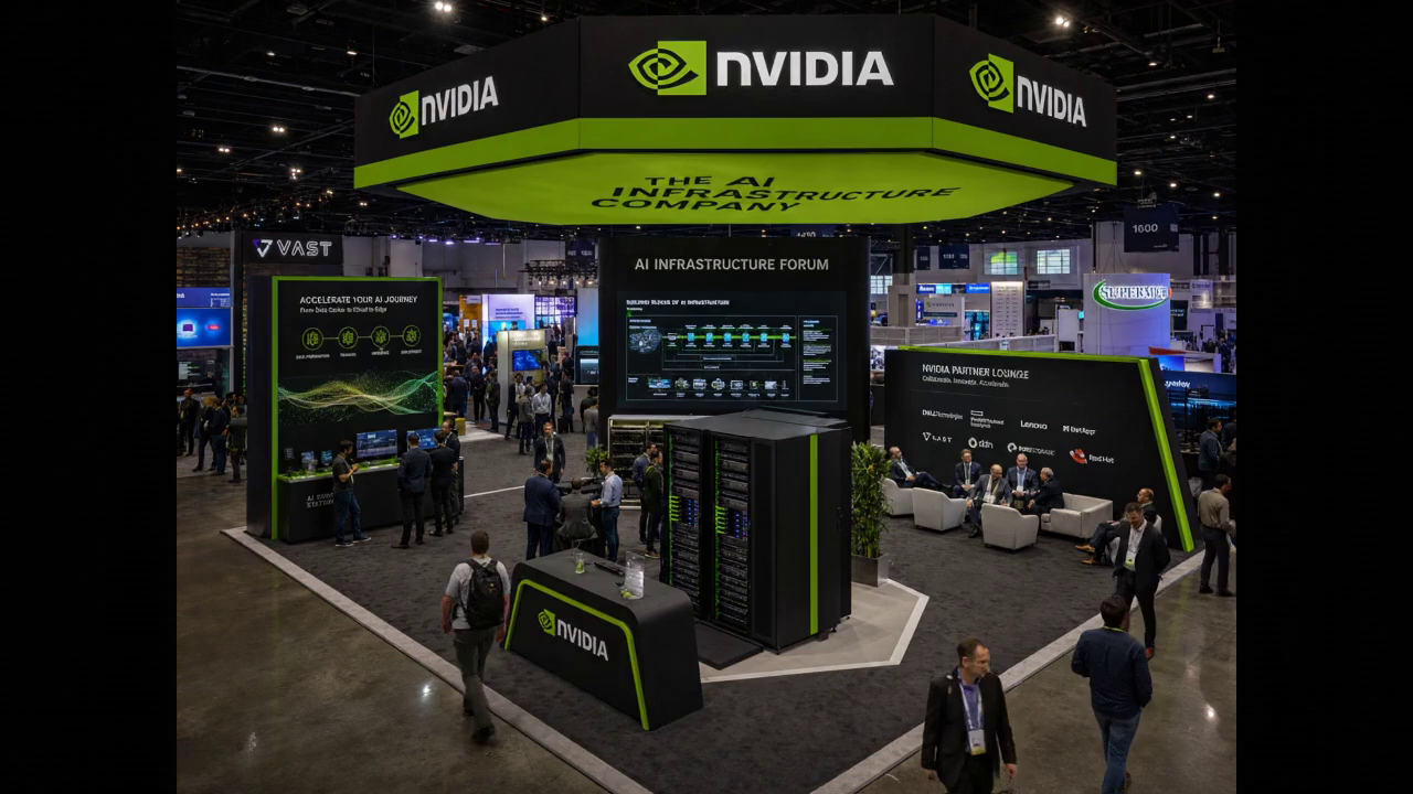 30' x 30' premium LED island concept for an AI-computing exhibitor with an AI infrastructure forum, GPU rack models, an AI demo wall, and a partner lounge