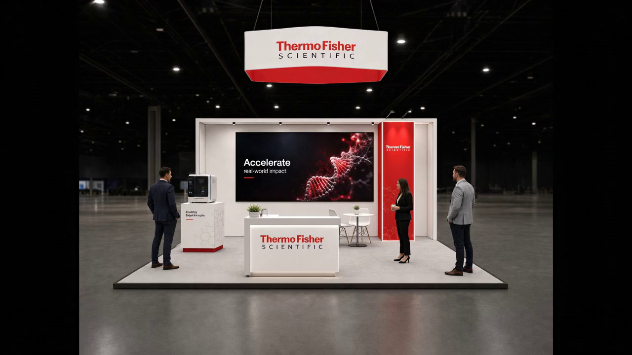 20' x 20' premium LED island concept for a life-sciences exhibitor with lab-demo island, an instrument pedestal, and a data display counter, using a first-frame poster and contained hover video inside a true square 20' x 20' four-side-open footprint