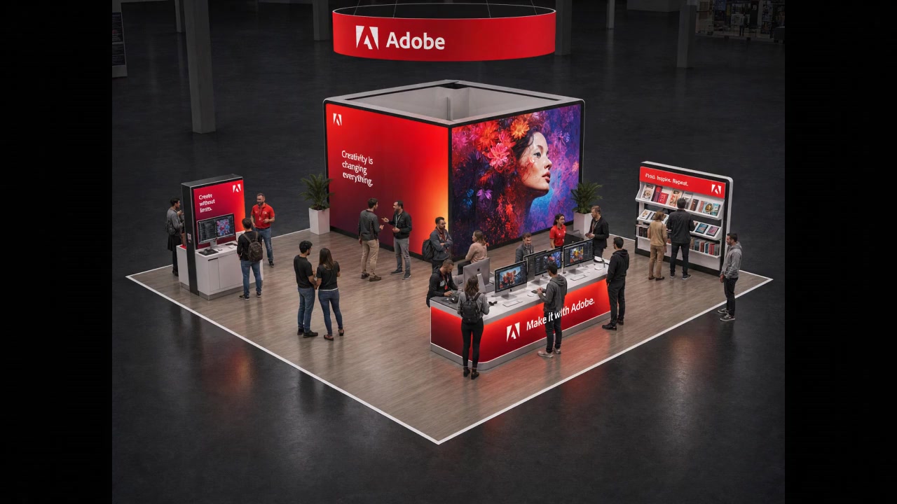 30' x 30' premium LED island concept for a logistics exhibitor with a logistics boulevard, parcel automation lane, service desk, and consult tables