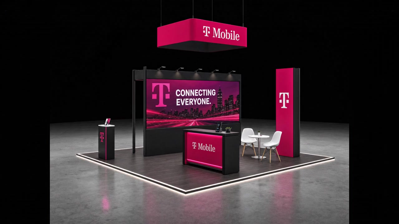30' x 30' premium LED island concept for a telecom exhibitor with a connectivity campus, device tables, network theater, and meeting island