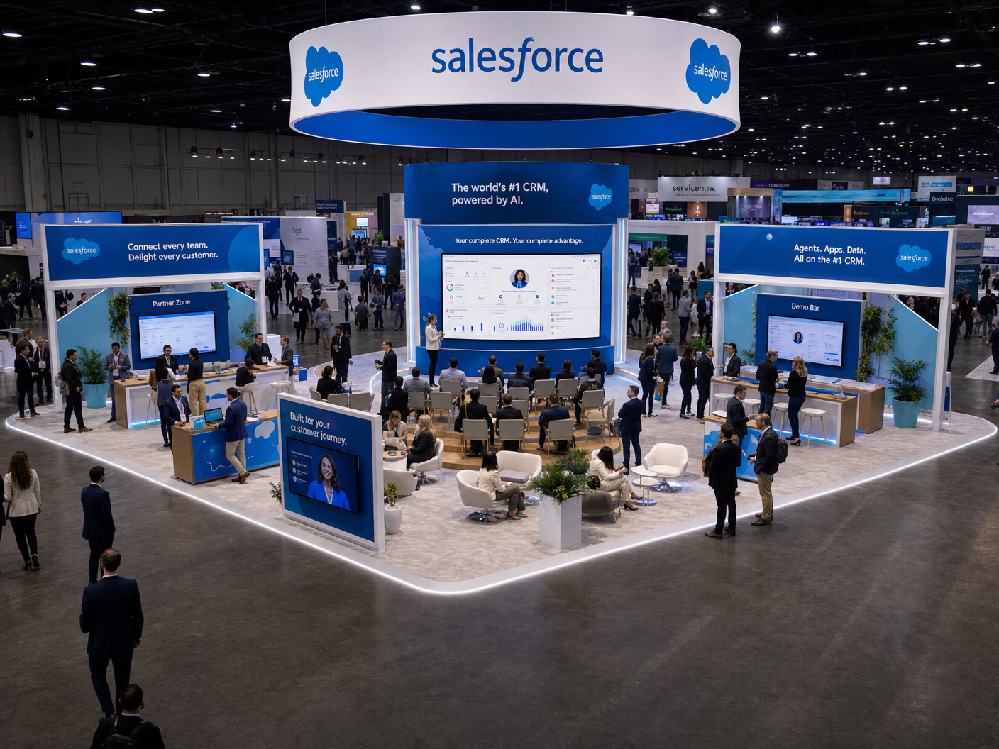 30' x 30' premium LED island concept for an enterprise-software exhibitor with a CRM ecosystem campus, theater spine, demo bars, meeting tables, partner zone, and lounge