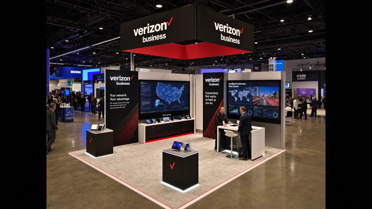 30' x 30' premium LED island concept for EV & Automotive Companies with an EV technology platform, battery cutaway, charging pedestal, and briefing counter