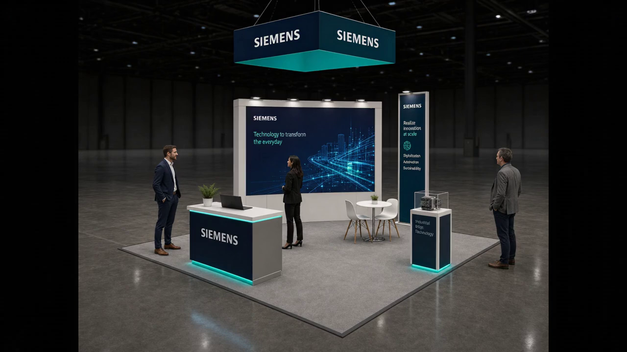 20' x 20' premium LED island concept for an industrial-technology exhibitor with industry software island, an industrial touchscreen, a compact equipment pedestal, and a contained hover preview inside a true square 20' x 20' four-side-open footprint