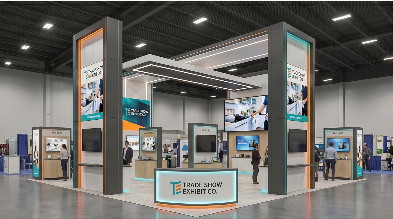 40x40 trade show exhibit rental — hospitality-forward island design