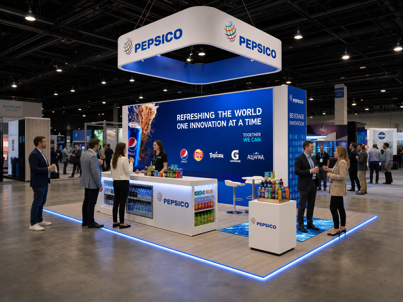 20' x 20' premium LED island concept for a beverage exhibitor with activation hub with back-to-back media pylons, cooler banks, product shelving, and a tasting counter, inside a true square 20' x 20' four-side-open footprint and still-image-only poster routing