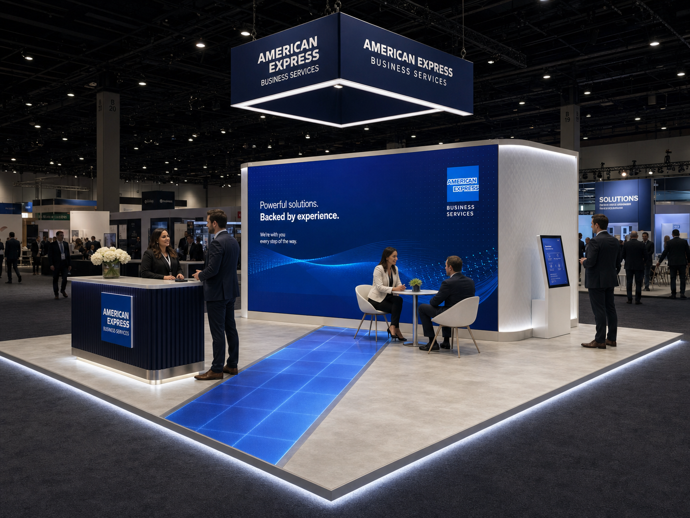 20' x 20' premium LED island concept for a payments exhibitor with premium hospitality island, a card-services bar and two standing consult nodes, inside a true square 20' x 20' four-side-open footprint and still-image-only poster routing