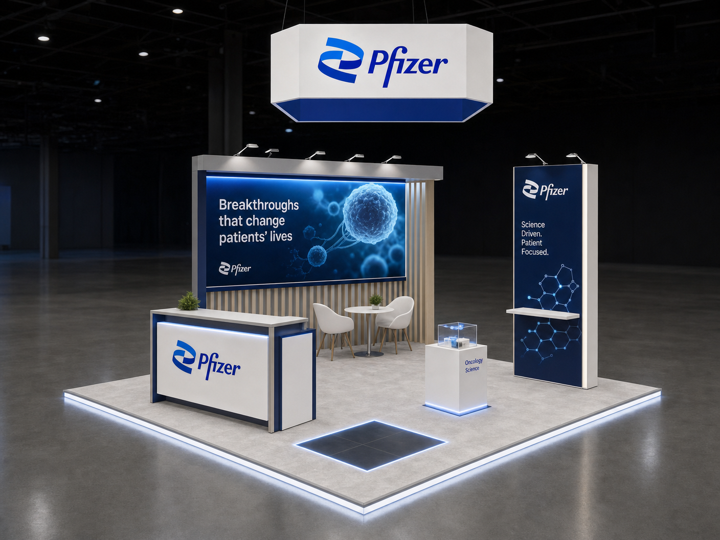 20' x 20' premium LED island concept for a pharmaceutical exhibitor with clinical information arc, a therapy pedestal and a small consult table, inside a true square 20' x 20' four-side-open footprint and still-image-only poster routing
