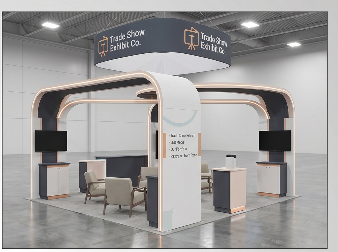 20x20 trade show exhibit rental — hospitality-forward island design