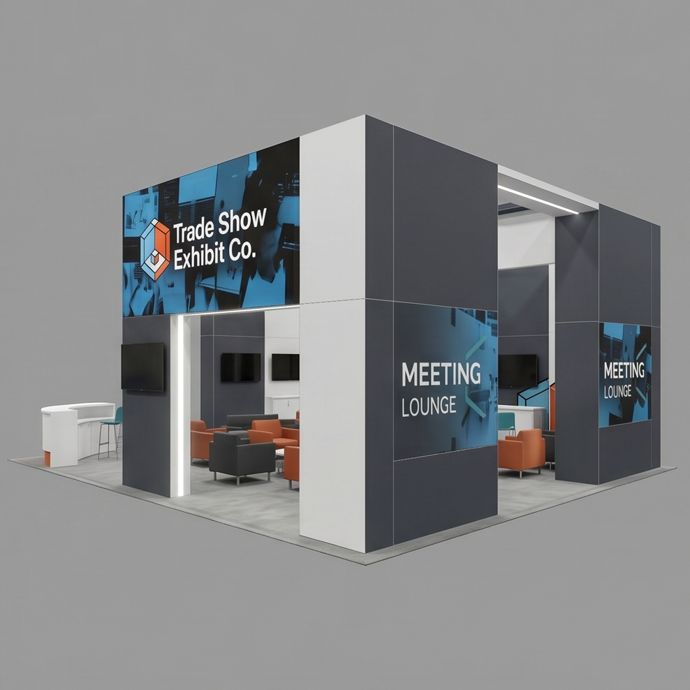 40x40 trade show exhibit rental — reception-and-demo island design