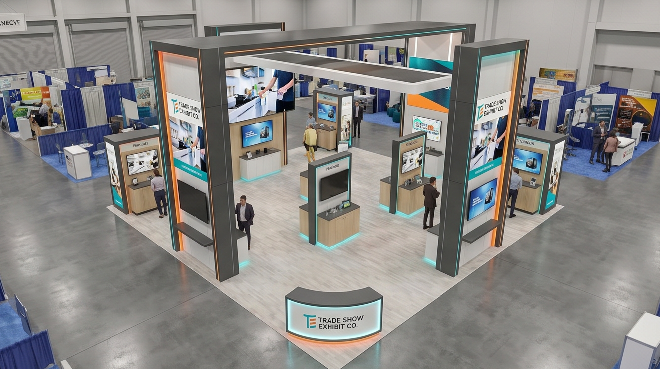 40x40 trade show exhibit rental — hospitality-forward island design