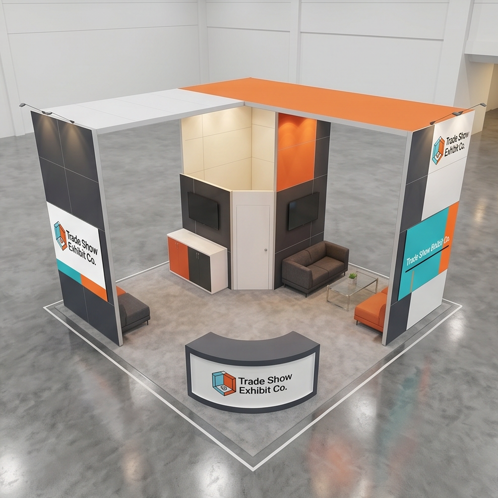 30x30 trade show exhibit rental — reception-and-demo island design