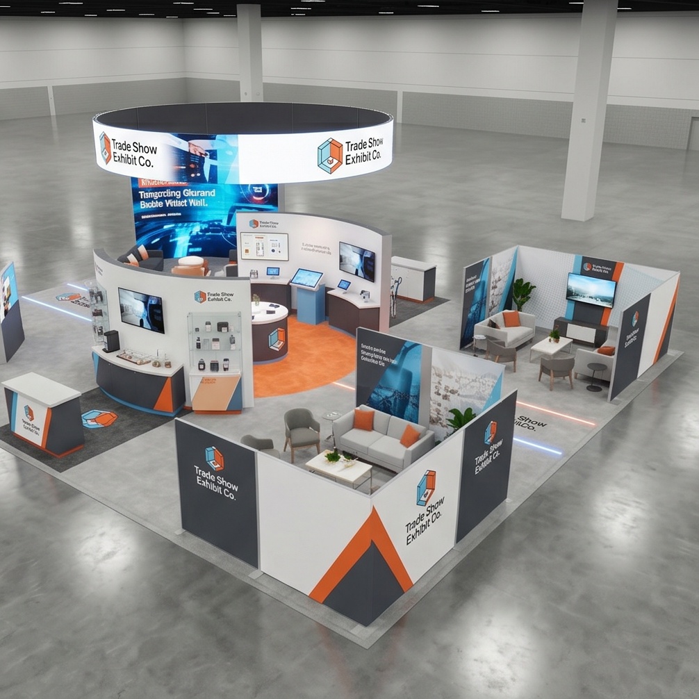 50x50 trade show exhibit rental — open-circulation island design
