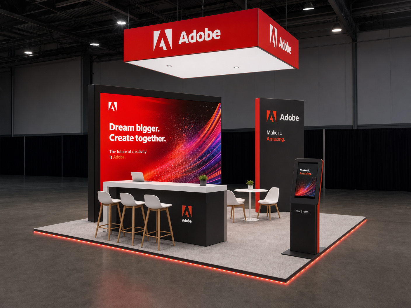 20' x 20' premium LED island concept for a software exhibitor with asymmetric creator court, a creative workstation and a print sample shelf, inside a true square 20' x 20' four-side-open footprint and still-image-only poster routing