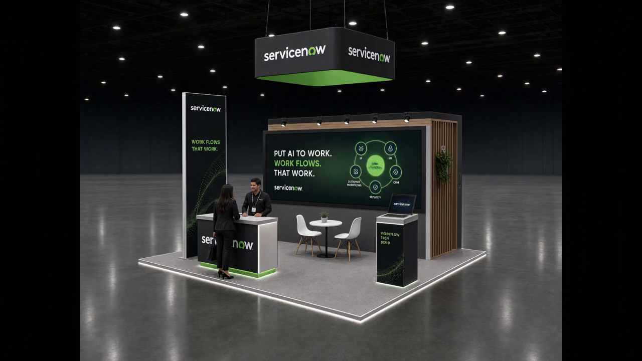 20' x 20' premium LED island concept for an enterprise-software exhibitor with workflow theater, a software kiosk, and a compact stage edge, using a first-frame poster and contained hover video inside a true square 20' x 20' four-side-open footprint