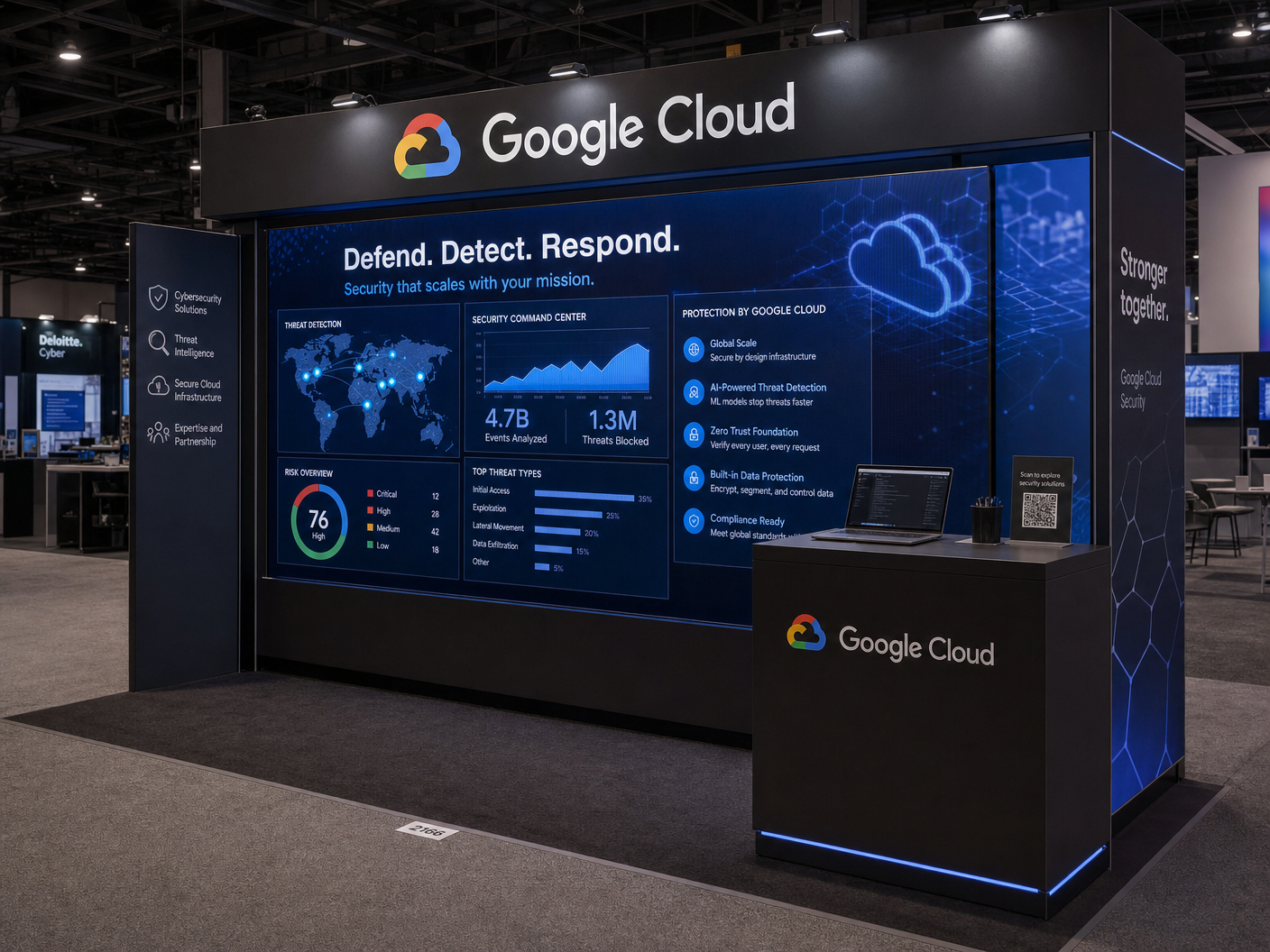 10' x 20' Black Hat inline LED exhibit for an enterprise-cloud exhibitor with a longer rectangular footprint, broad LED wall, and illuminated counter faces