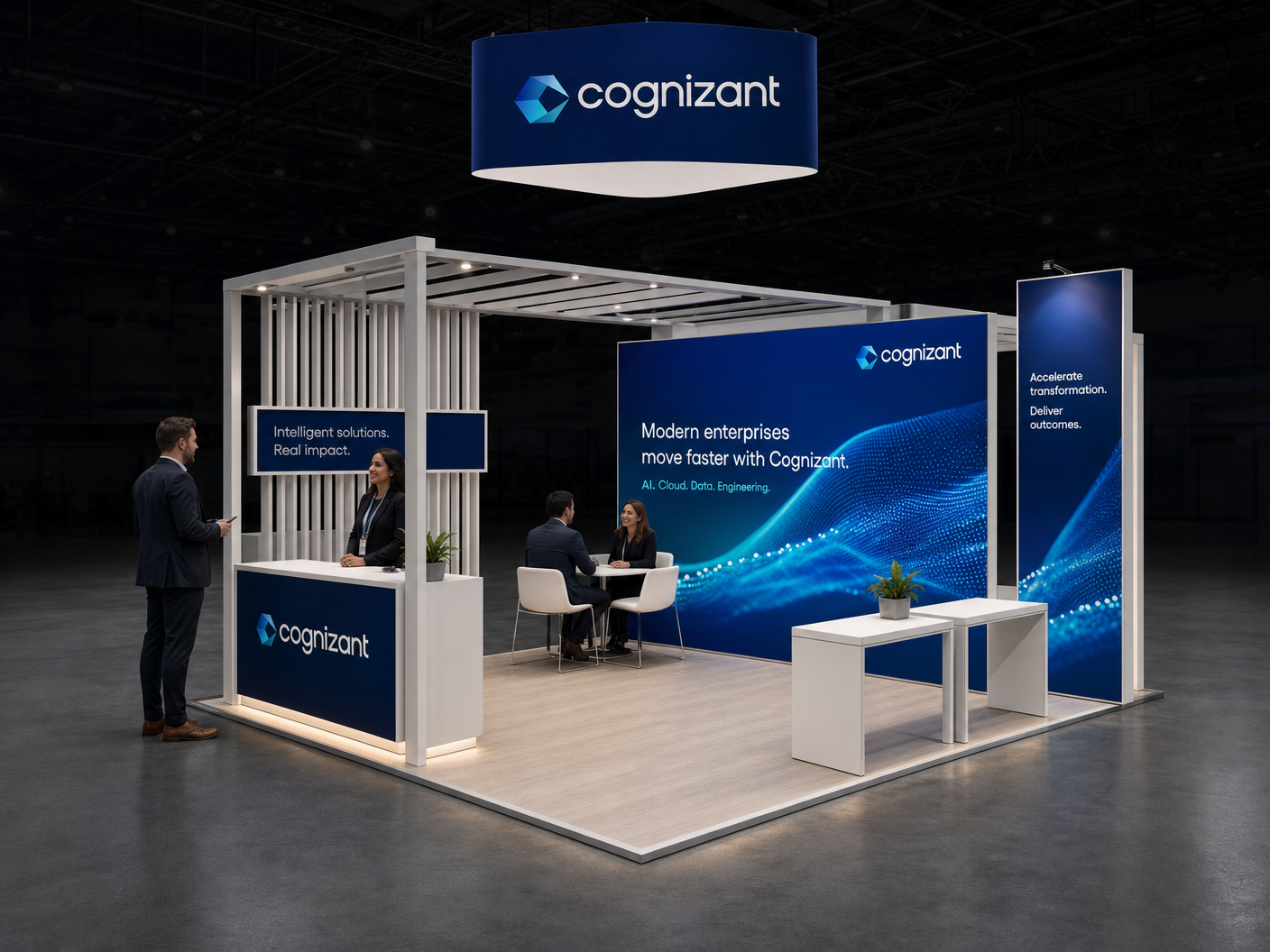 20' x 20' premium LED island concept for an IT-services exhibitor with digital transformation lane, a screen kiosk and a two-stool consult edge, inside a true square 20' x 20' four-side-open footprint and still-image-only poster routing