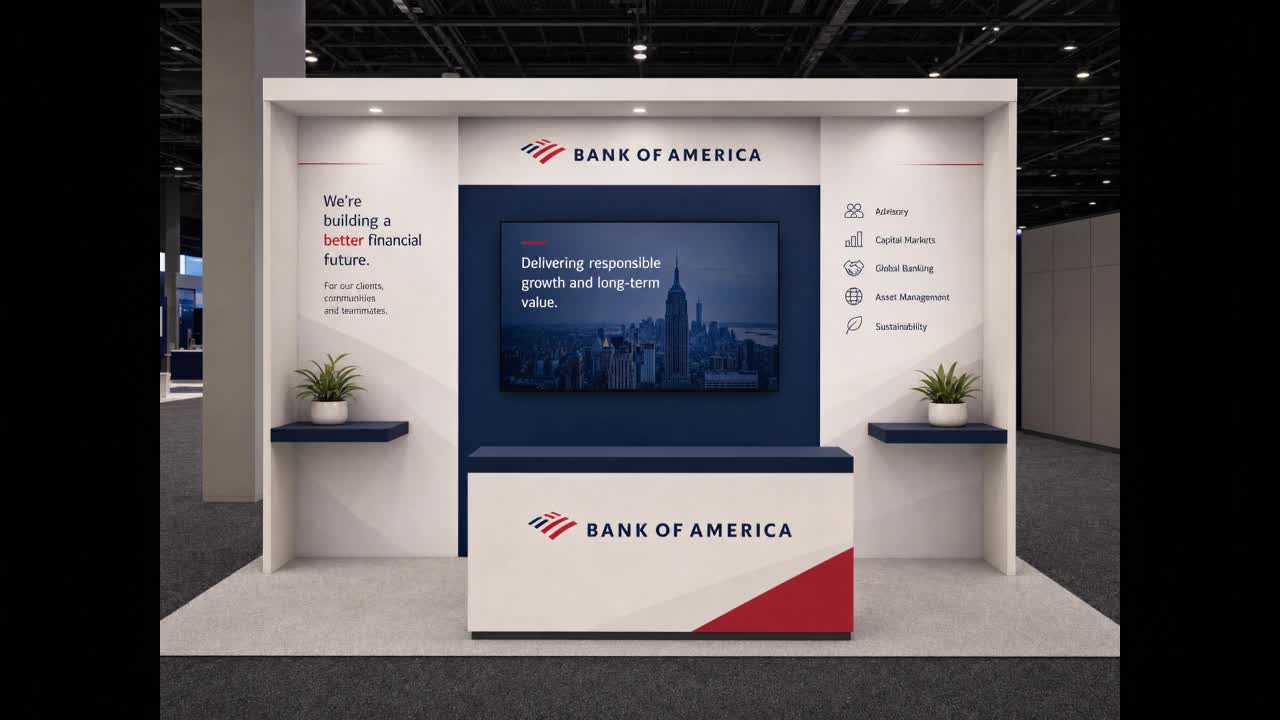 10' x 20' inline LED exhibit with a banking-and-finance exhibitor composition, centered media wall, and branded front counter