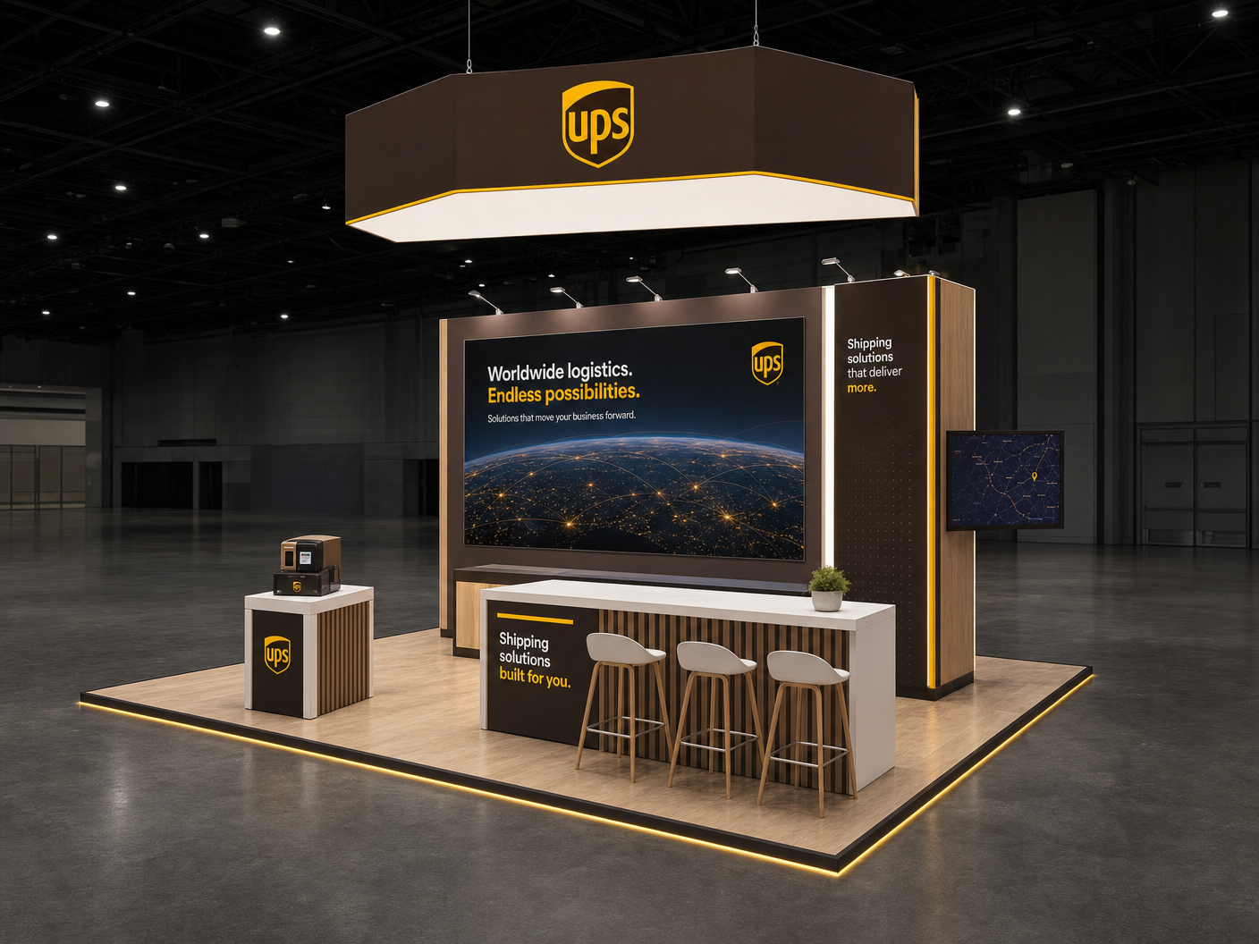 20' x 20' premium LED island concept for logistics with logistics showcase island, a parcel-sort prop and a shipment kiosk, inside a true square 20' x 20' four-side-open footprint and still-image-only poster routing