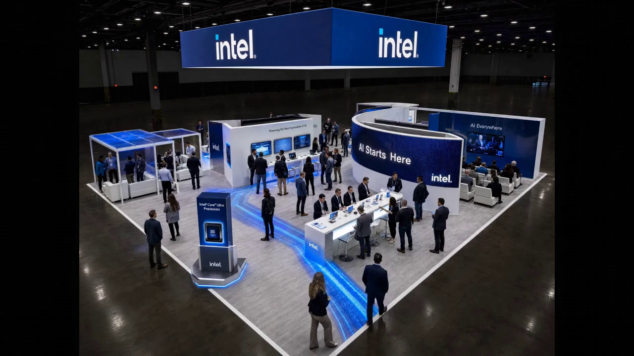 30' x 40' LED island concept with premium brand styling, modular LED architecture, and open circulation