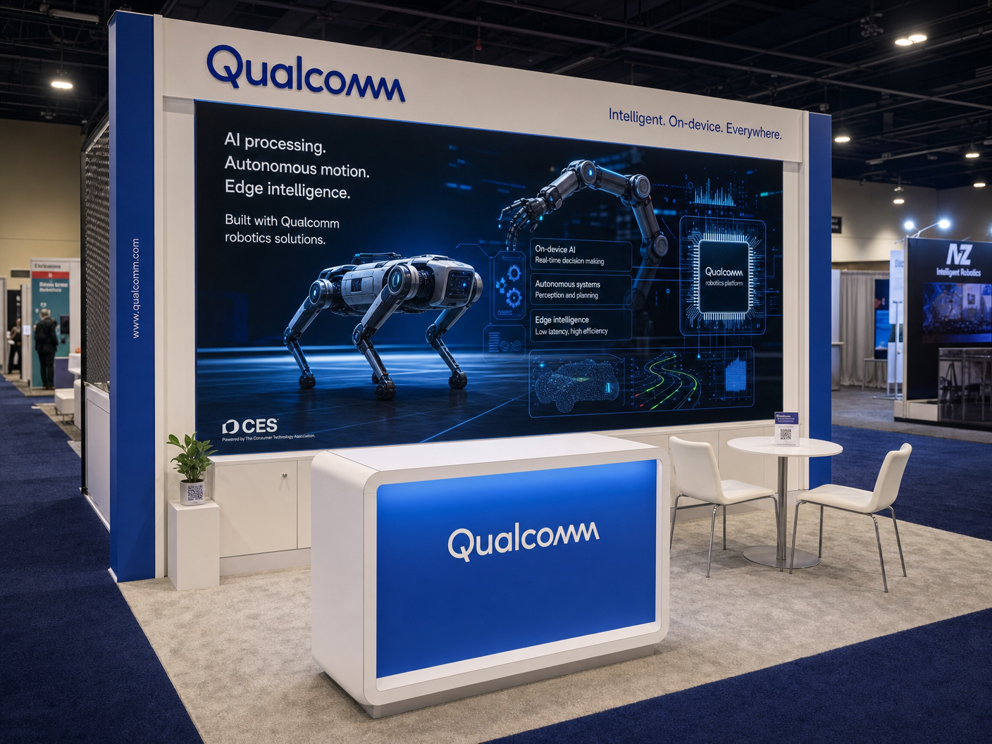 10' x 20' CES inline LED exhibit for a semiconductor exhibitor with a rectangular footprint, broad LED wall, and illuminated counter faces