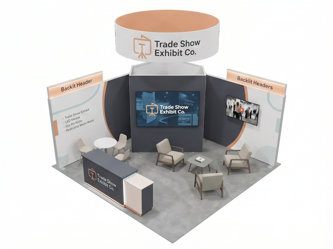 50x50 trade show exhibit rental — architectural media island design