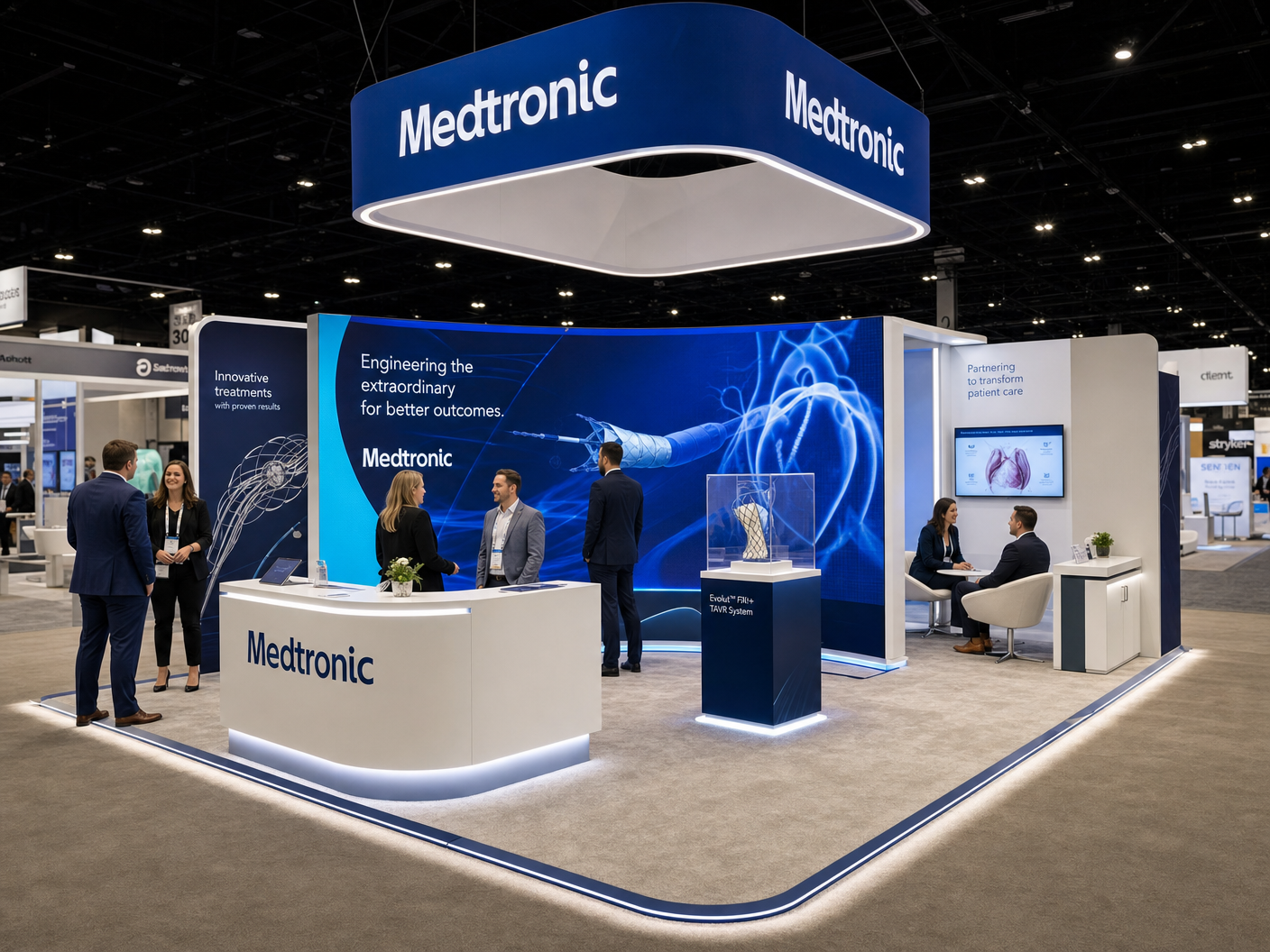 20' x 20' premium LED island concept for a medical-device exhibitor with clinical horseshoe arc, a device demo counter and two medical product pedestals, inside a true square 20' x 20' four-side-open footprint and still-image-only poster routing