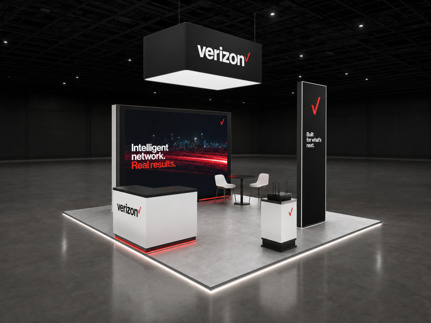 20' x 20' premium LED island concept for a telecom exhibitor with network command lane, a device docking bar and two connectivity plinths, inside a true square 20' x 20' four-side-open footprint and still-image-only poster routing
