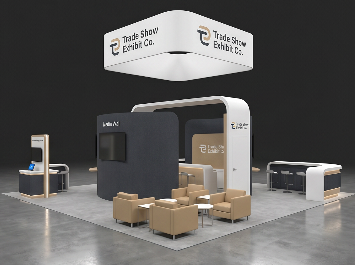 50x50 trade show exhibit rental — hospitality-forward island design