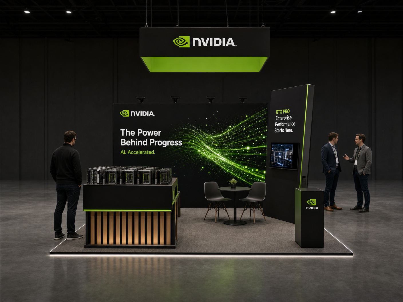 20' x 20' premium LED island concept for an AI-computing exhibitor with performance theater court, a GPU pedestal and an AI demo island, inside a true square 20' x 20' four-side-open footprint and still-image-only poster routing