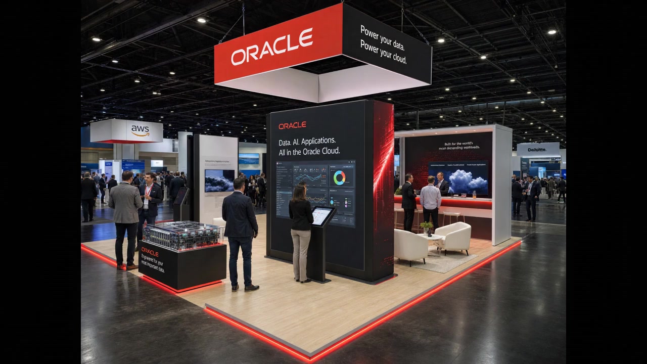 30' x 30' premium LED island concept for an enterprise-cloud exhibitor with an open cloud plaza, center theater, edge lounges, and product stations