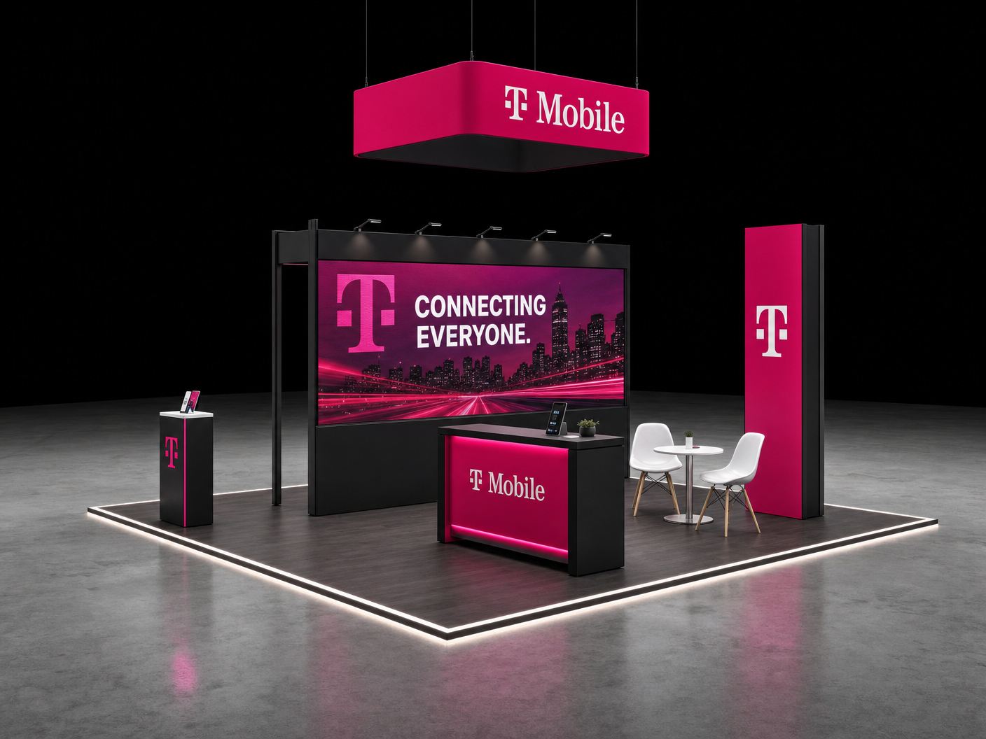 20' x 20' premium LED island concept for a wireless-carrier brand with magenta energy bar, device rails and a quick charging bar, inside a true square 20' x 20' four-side-open footprint and still-image-only poster routing