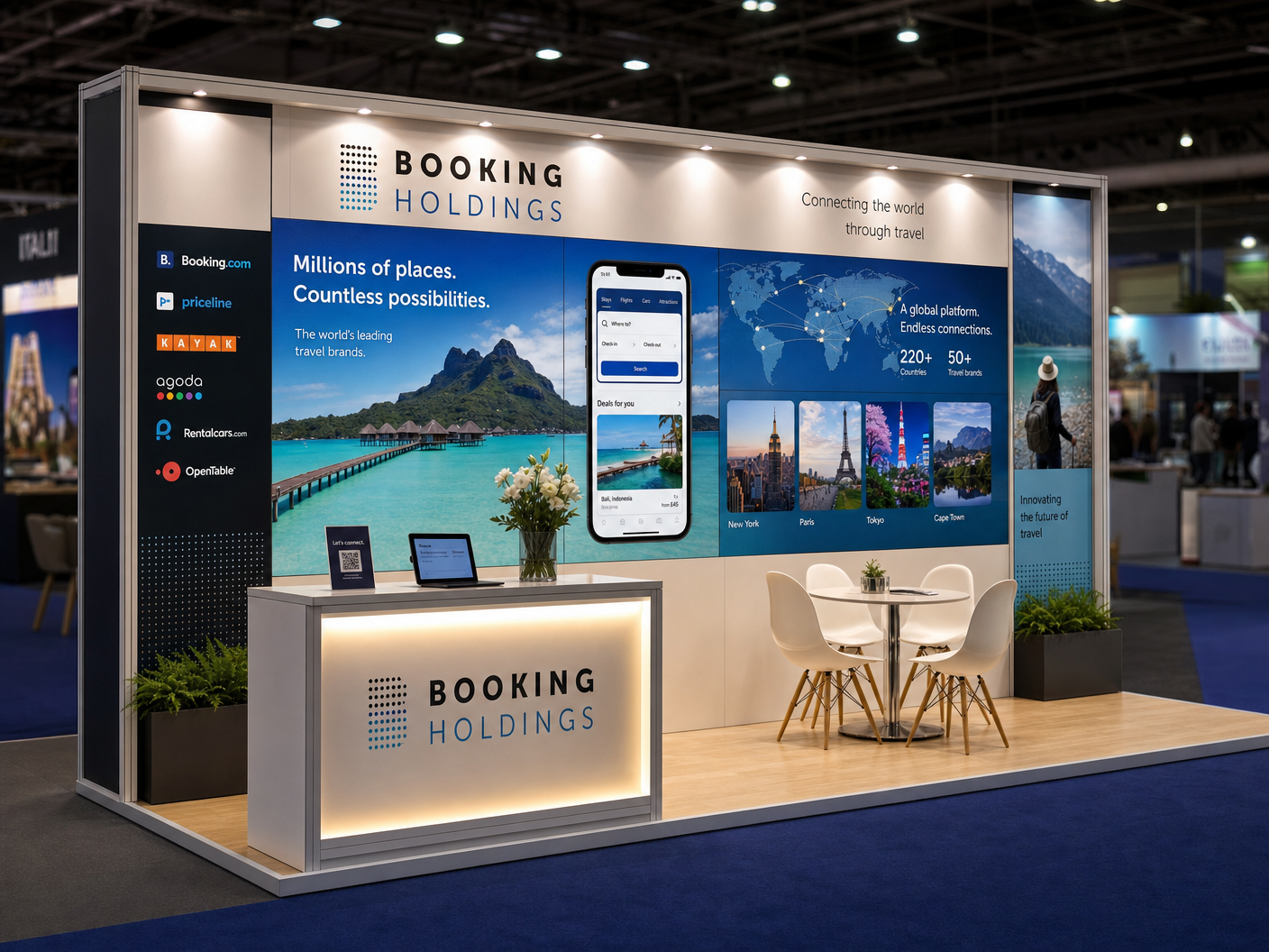 10' x 20' NRF inline LED exhibit for a travel-commerce exhibitor with a rectangular footprint, broad LED wall, and illuminated counter faces