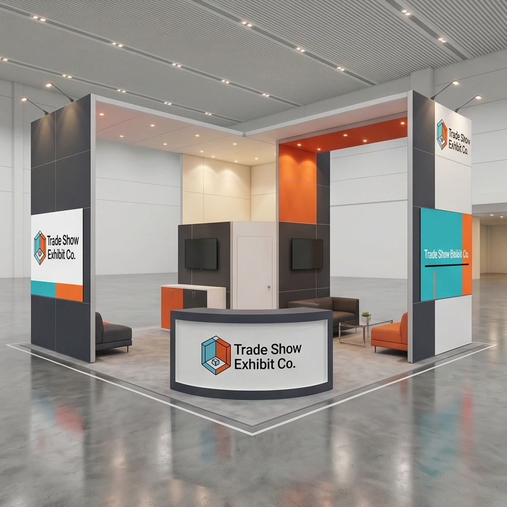 30x30 trade show exhibit rental — reception-and-demo island design