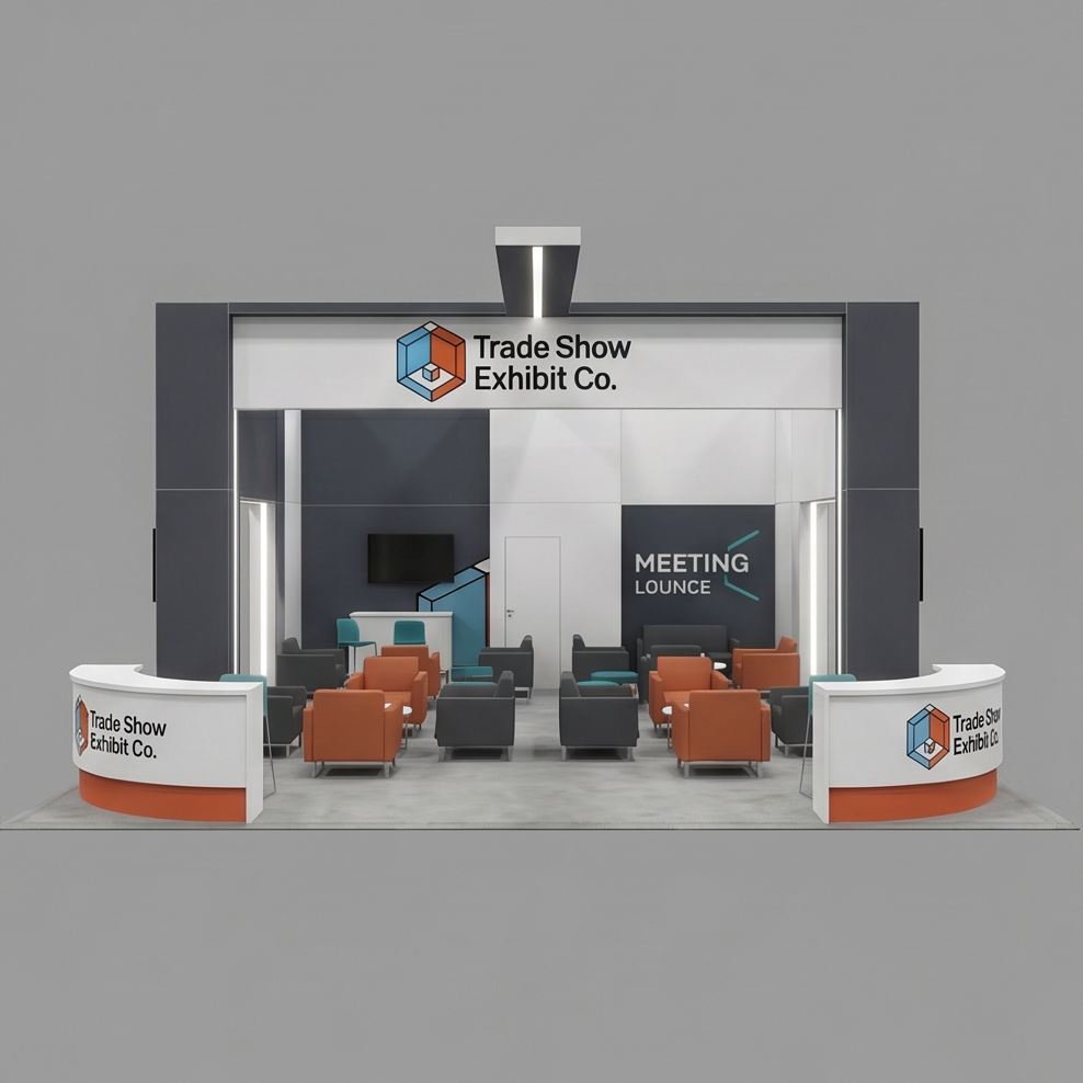 40x40 trade show exhibit rental — reception-and-demo island design