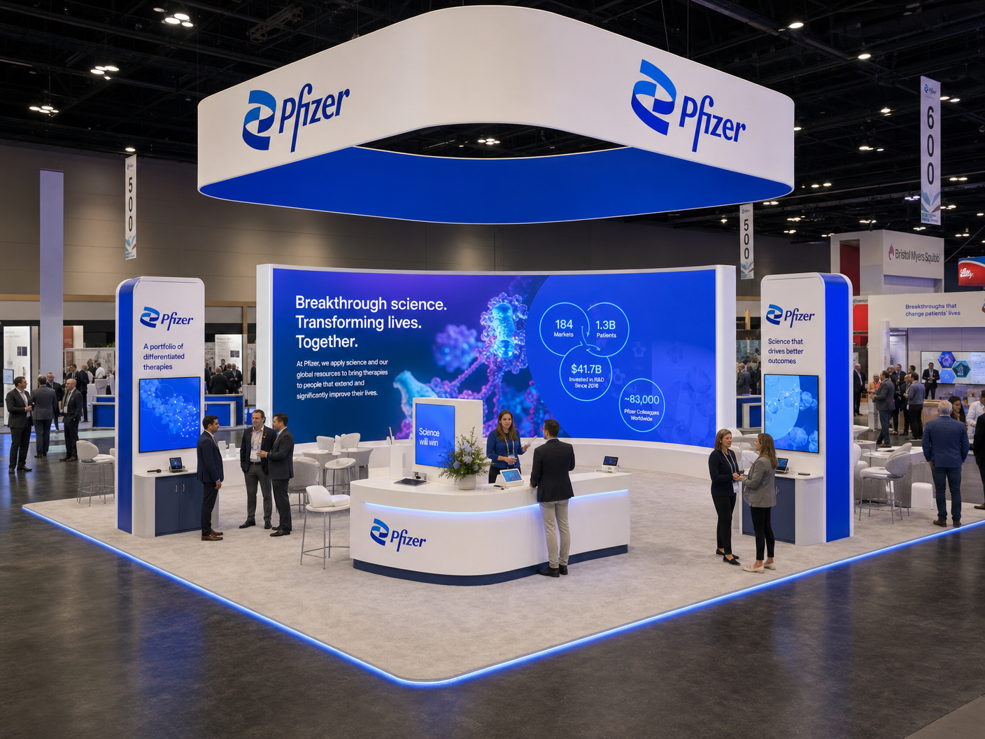 30' x 30' premium LED island concept for a pharmaceutical exhibitor with a pharmaceutical knowledge pavilion, science wall, center demo bar, and consultation suites
