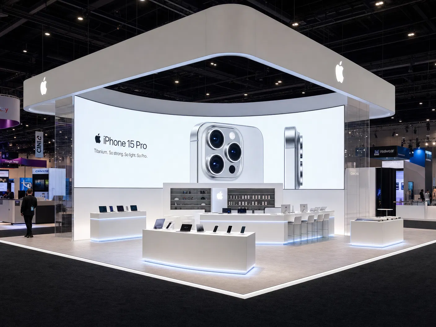 30' x 30' island LED trade show exhibit collection with preserved source posters and hover videos