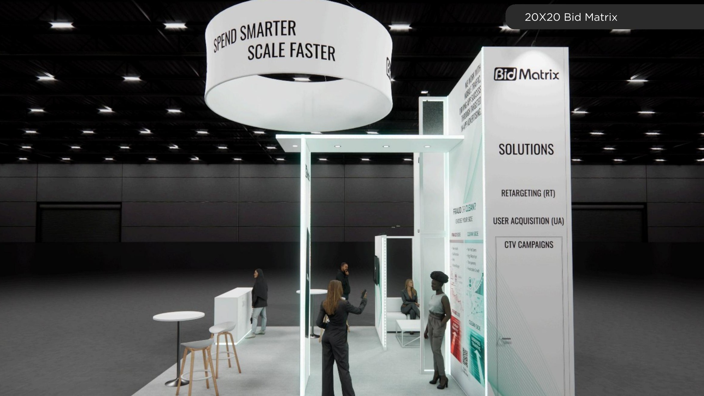 20x20 trade show exhibit rental — suspended-halo island design