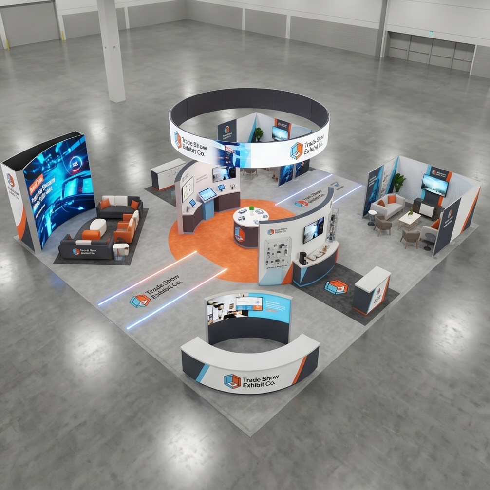 50x50 trade show exhibit rental — open-circulation island design
