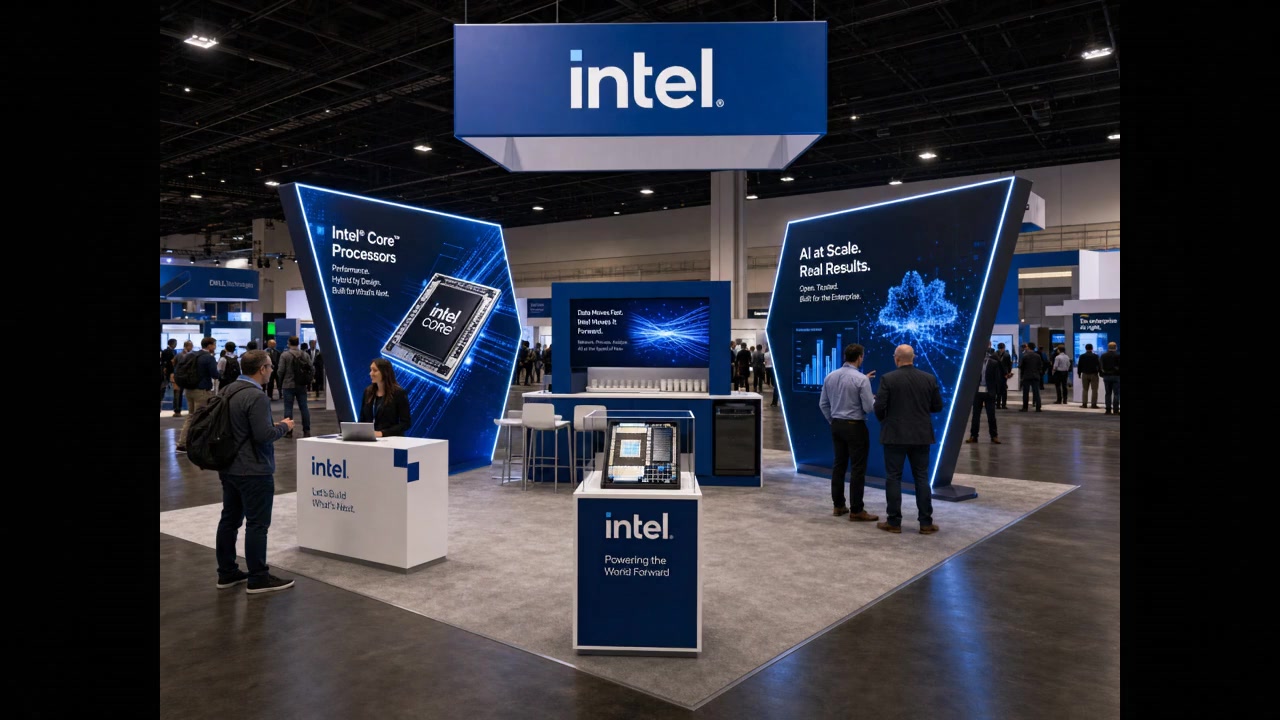 30' x 30' premium LED island concept for an enterprise-technology exhibitor with an AI command pavilion, a quantum-style pedestal, theater bar, and meeting nook