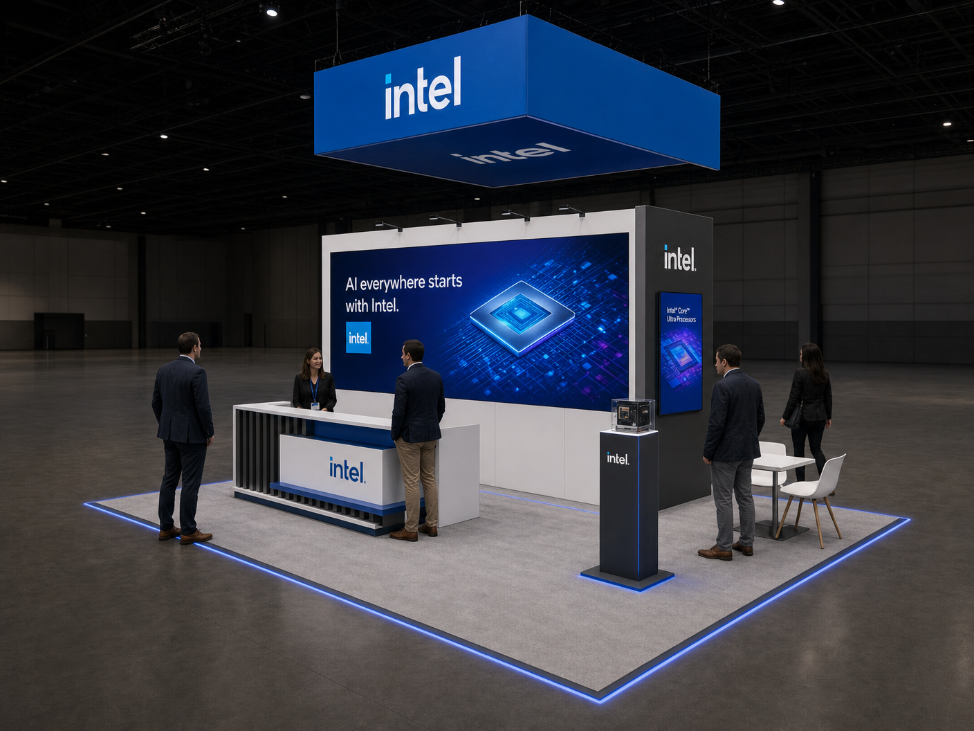 20' x 20' premium LED island concept for a semiconductor exhibitor with twin technology fins, a processor cutaway pedestal and a compact data bar, inside a true square 20' x 20' four-side-open footprint and still-image-only poster routing