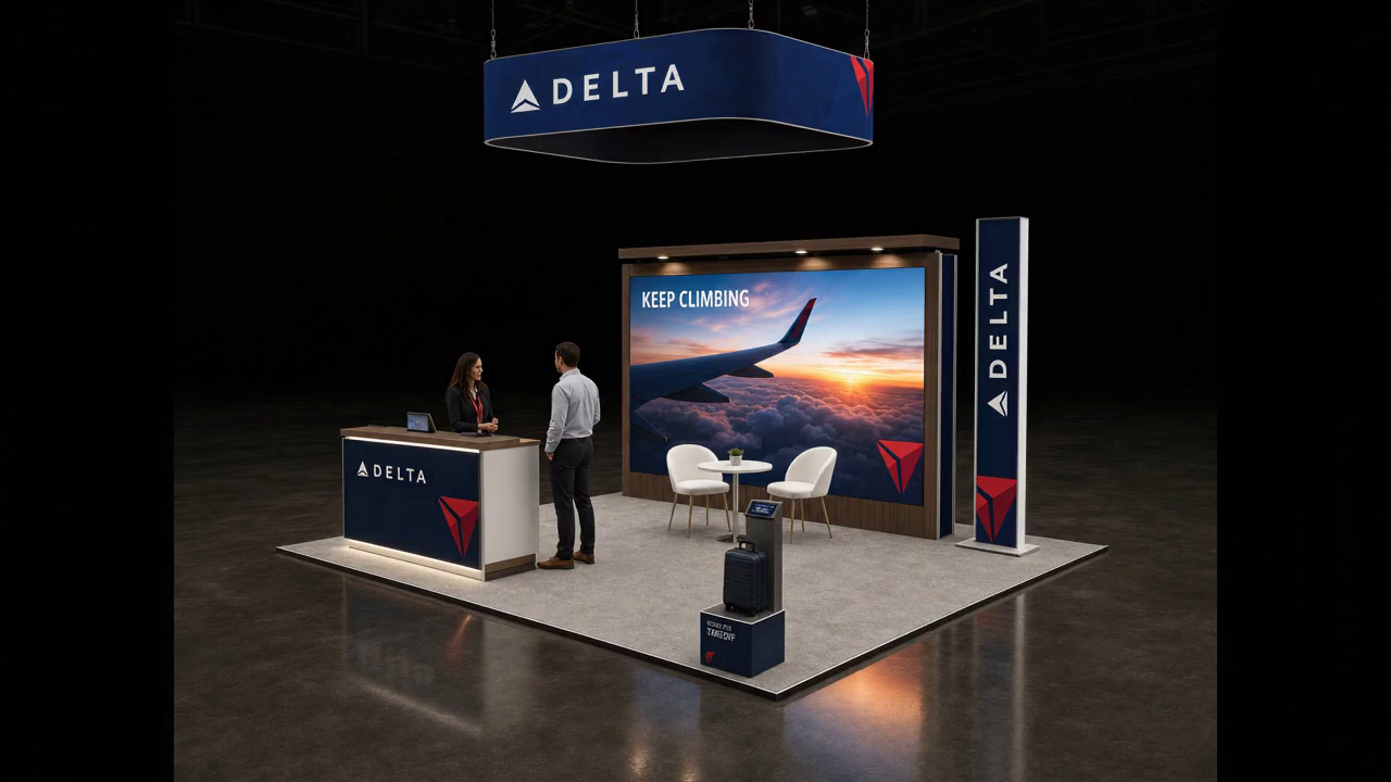 20' x 20' premium LED island concept for Travel & Airline Companies with travel-tech concierge island, a check-in kiosk, a luggage display prop, and a contained hover preview inside a true square 20' x 20' four-side-open footprint