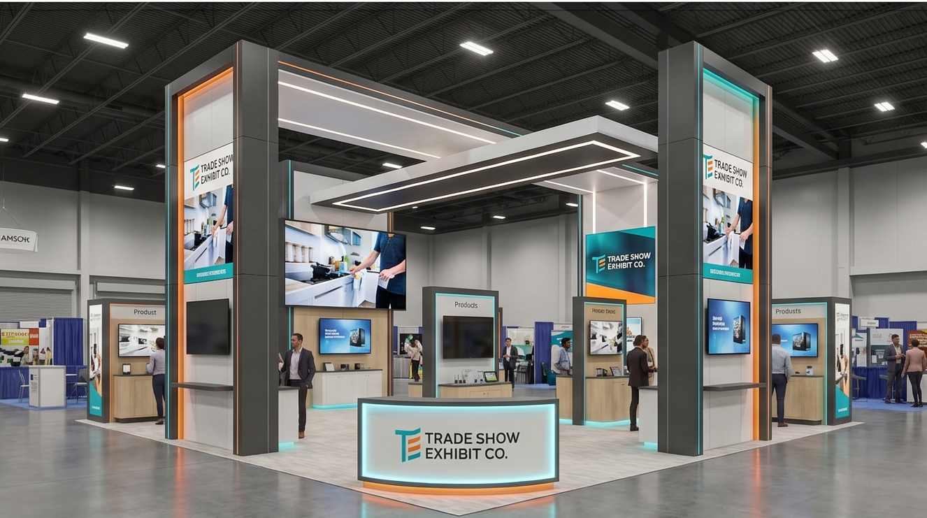 40x40 island exhibit hospitality-forward island design trade show exhibit image 40x40 trade show exhibit rental — hospitality-forward island design