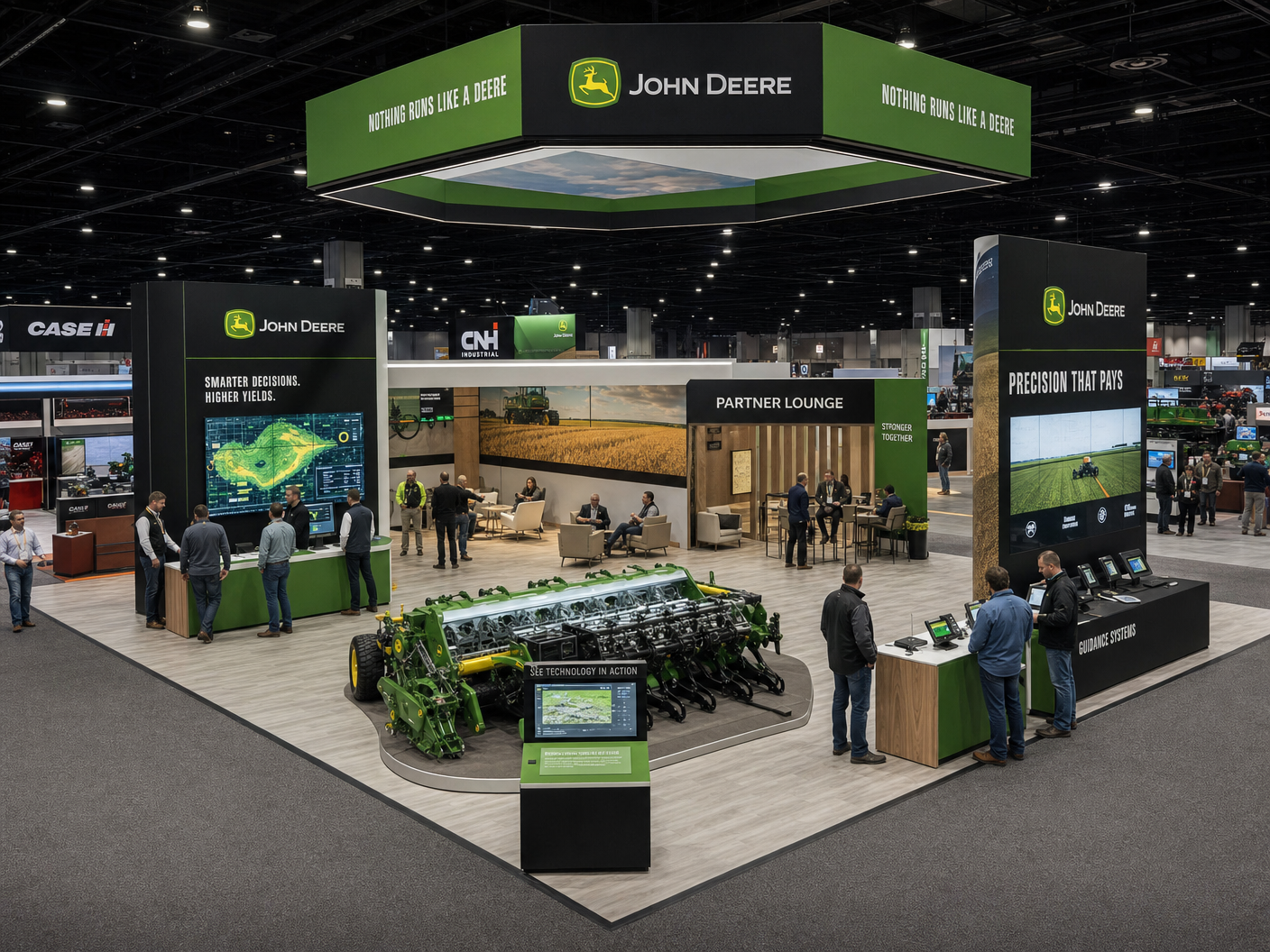 30' x 30' premium LED island concept for Precision-Ag Companies with a precision agriculture forum, implement cutaway, guidance systems bar, and partner lounge