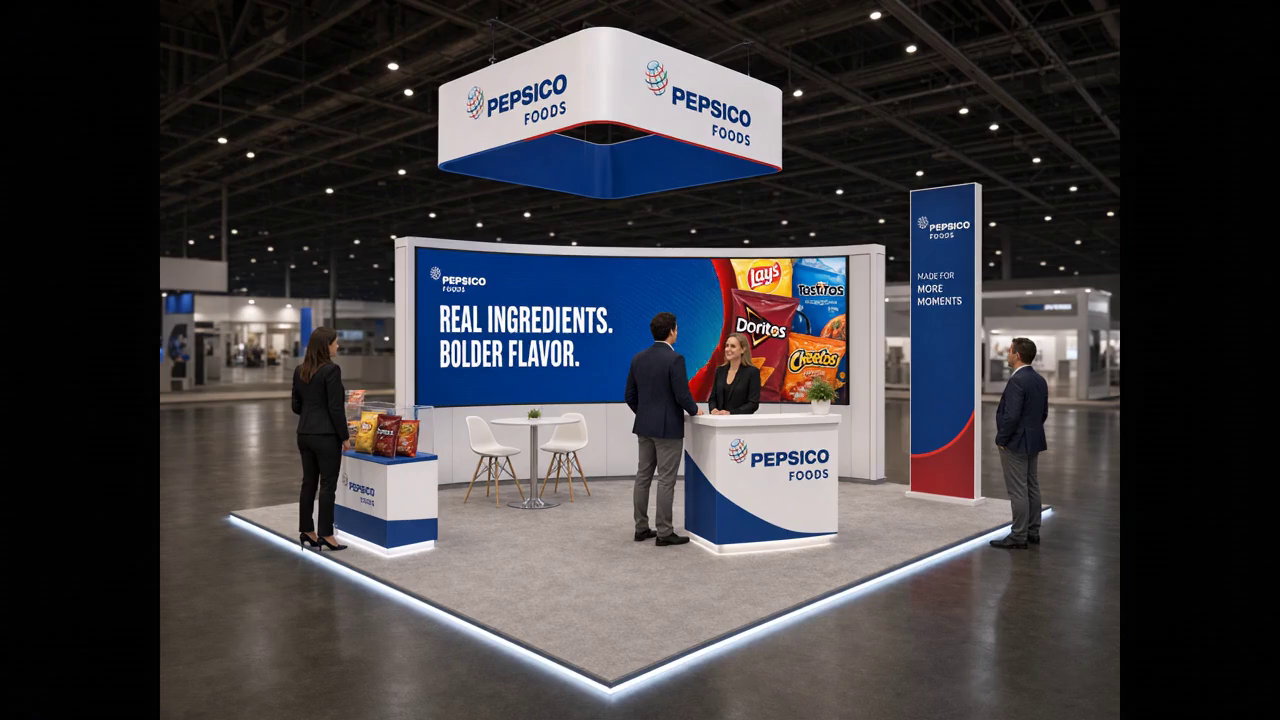 20' x 20' premium LED island concept for a beverage exhibit with snack activation hub, a product rack, a tasting counter, and a contained hover preview inside a true square 20' x 20' four-side-open footprint
